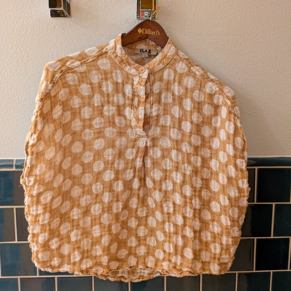 Flax 100% Linen Keyhole Blouse - White/Umber Polka Dots - Made in Lithuania